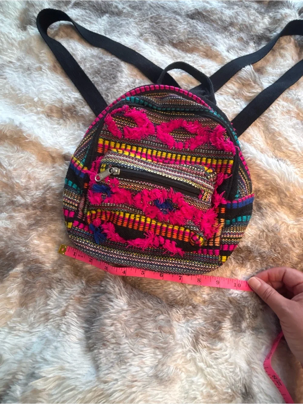 Boho Pink Multicolor Mini Backpack with Front Zip Pocket